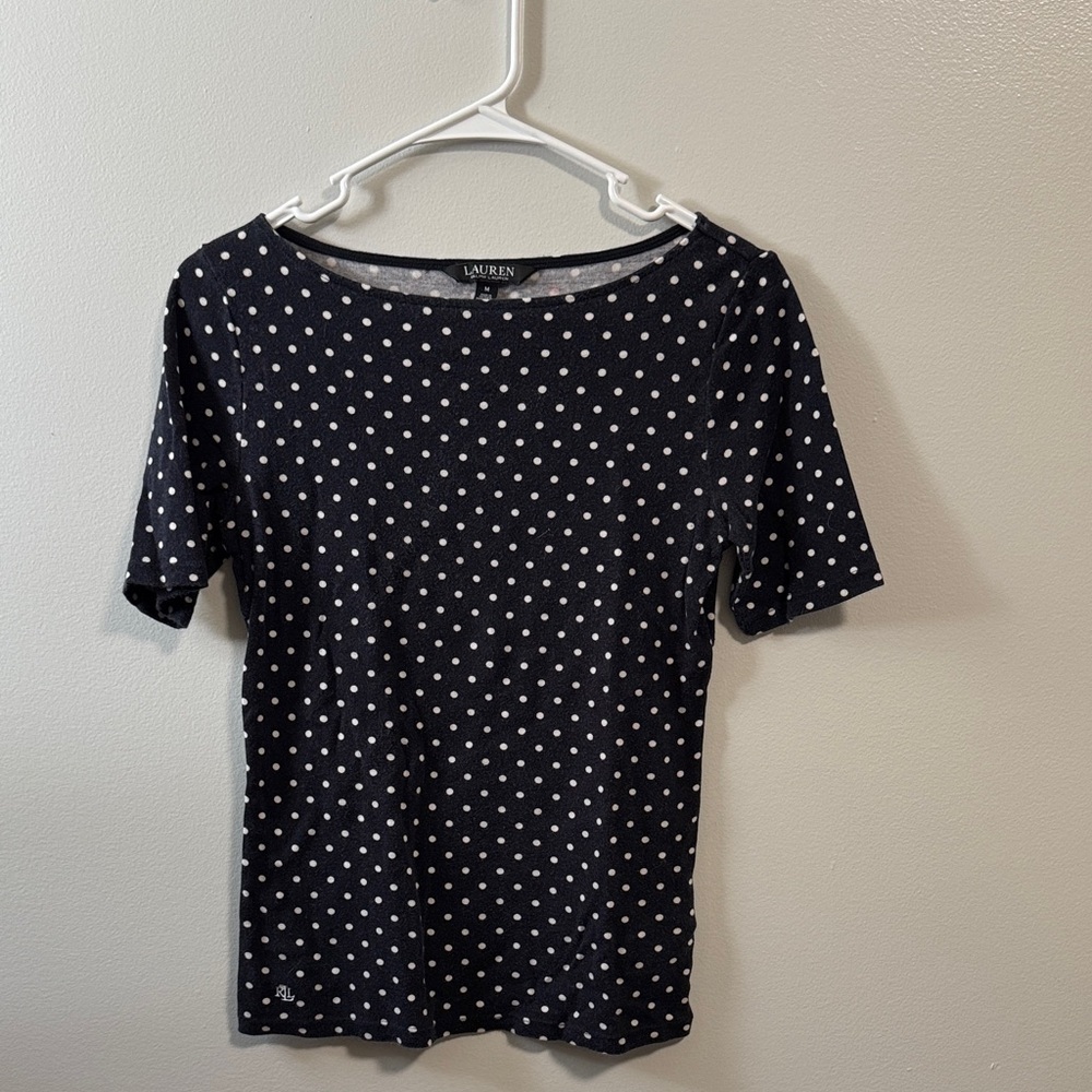 Ralph Lauren Navy and White Polka Dot Short Sleeve Top